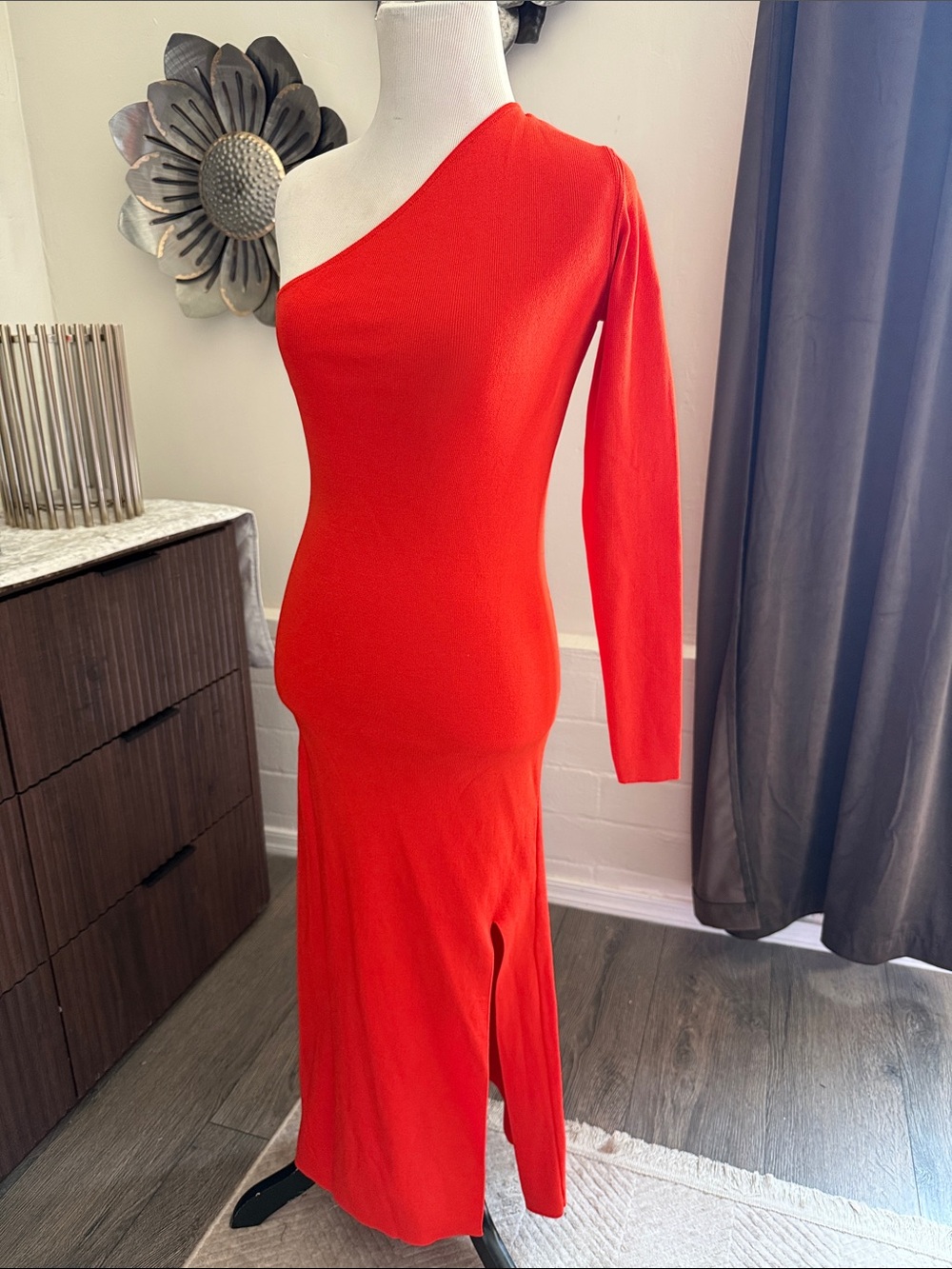 Zara One-Shoulder Red Orange One Sleeve Midi Dress with split